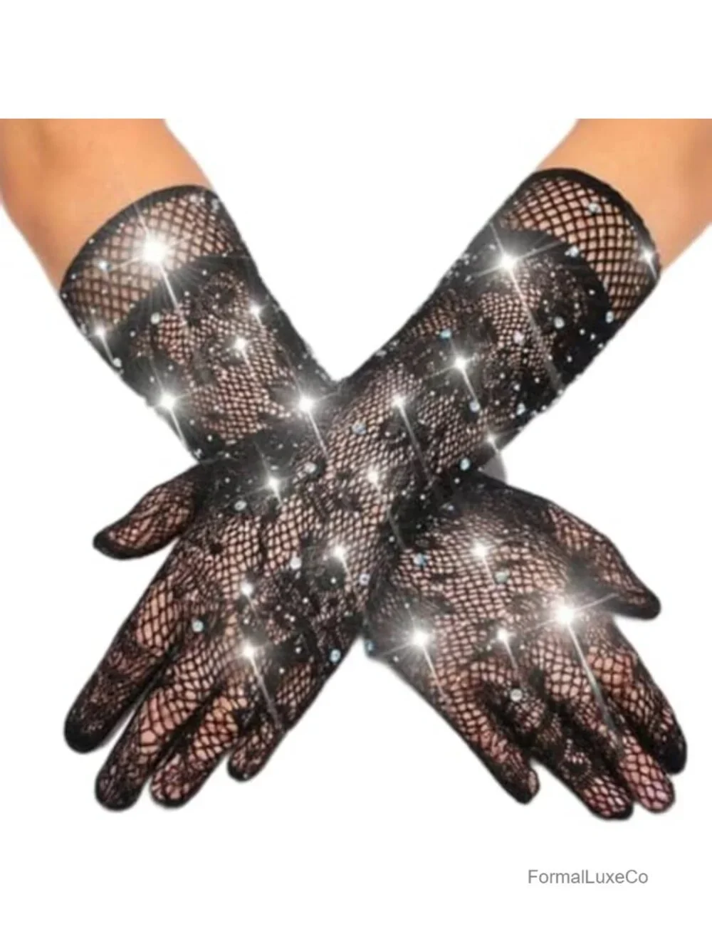 Long Fishnet Rhinestone Gloves Elbow Length Finger Mesh Rave Prom Accessories